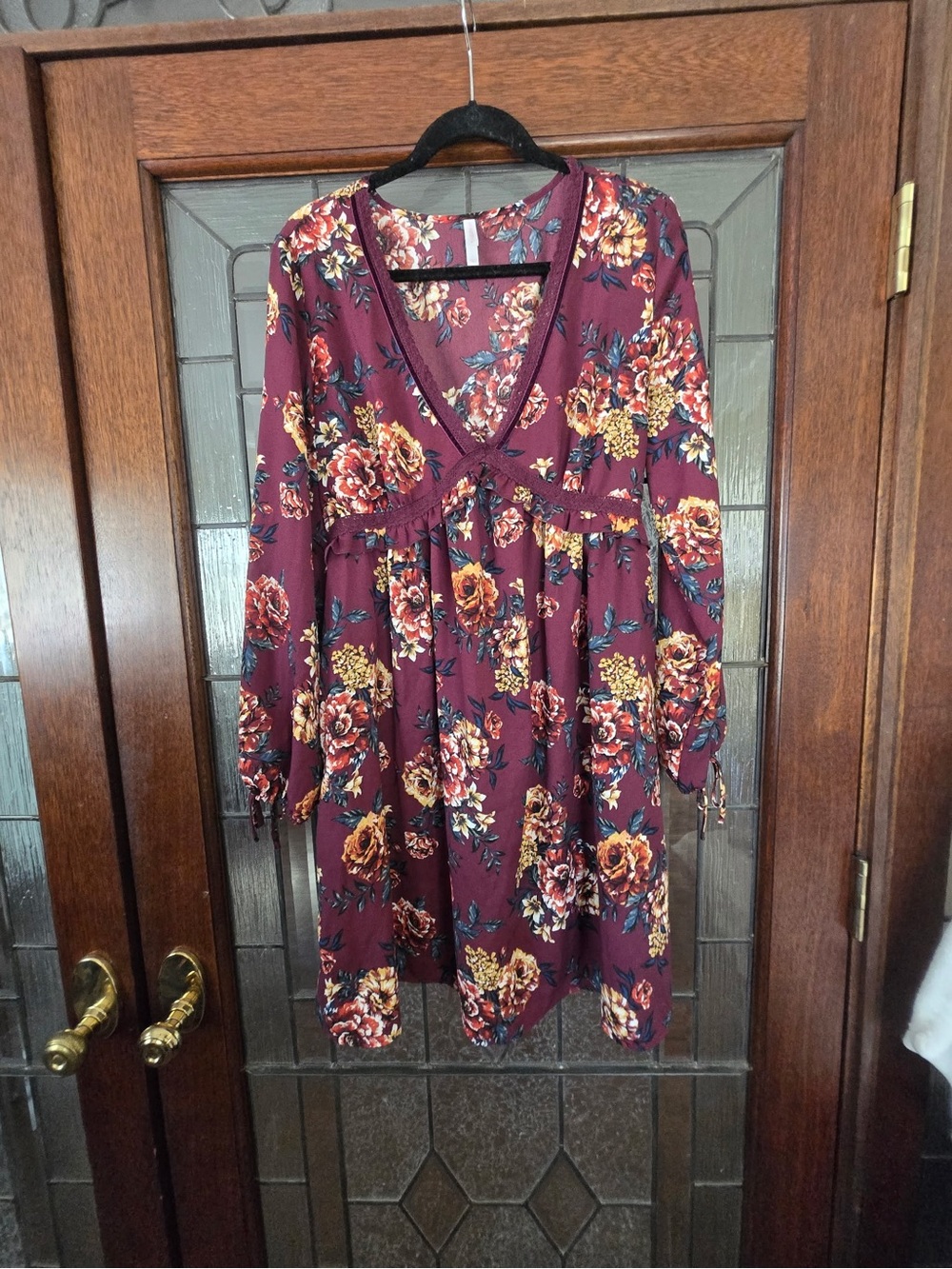 Xhilaration Burgundy Floral V-Neck Midi Dress